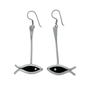 Southwest Mexico Taxco TR-06 Sterling Silver Black Enamel Fish Dangle Earrings